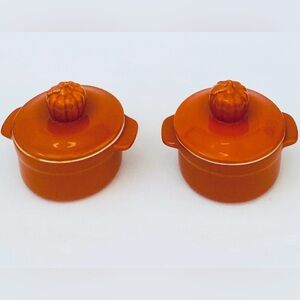 Food Network orange Ramekin Mini Souffle Dishes Pumpkin Knob Lid 4" Set of 2